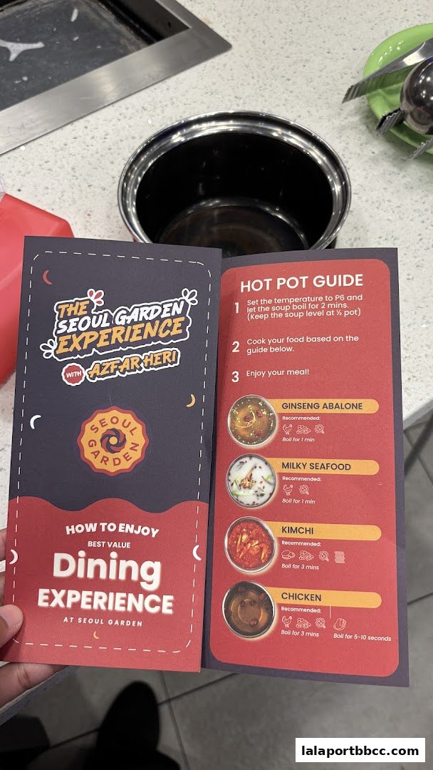 A brochure detailing the Seoul Garden dining experience and hot pot guide.