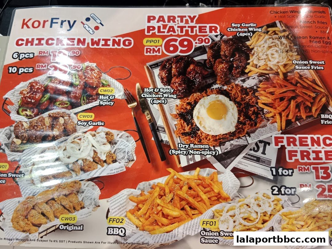 A menu display for KorFry featuring various chicken wing flavors and french fries.