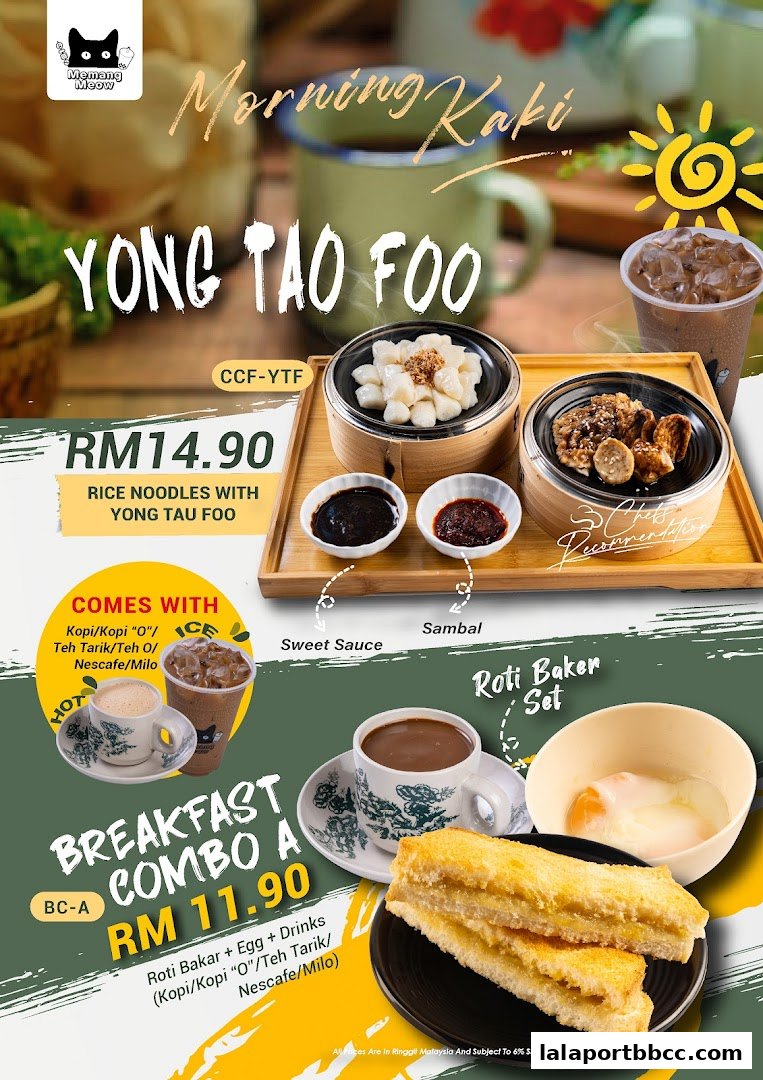 A promotional image showcasing two breakfast combos: Yong Tao Foo and Roti Bakar Set.