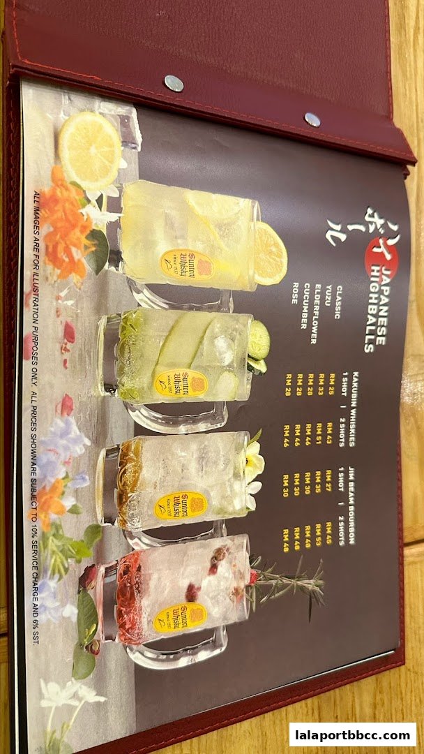 A menu showcasing various Japanese Highballs with fruit and herb garnishes.