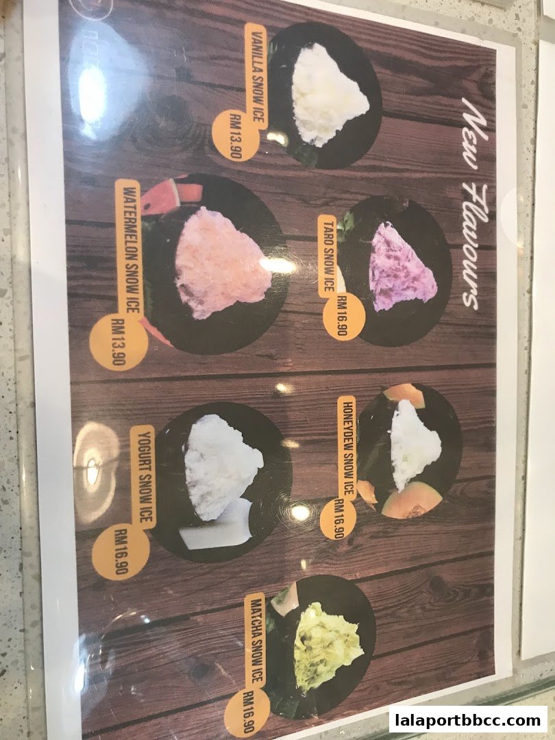 A menu showcasing various flavors of snow ice with prices.