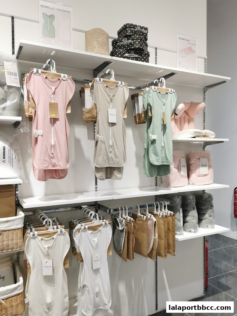 Shelves display various baby sleep sacks and accessories in pastel colors and neutral tones.