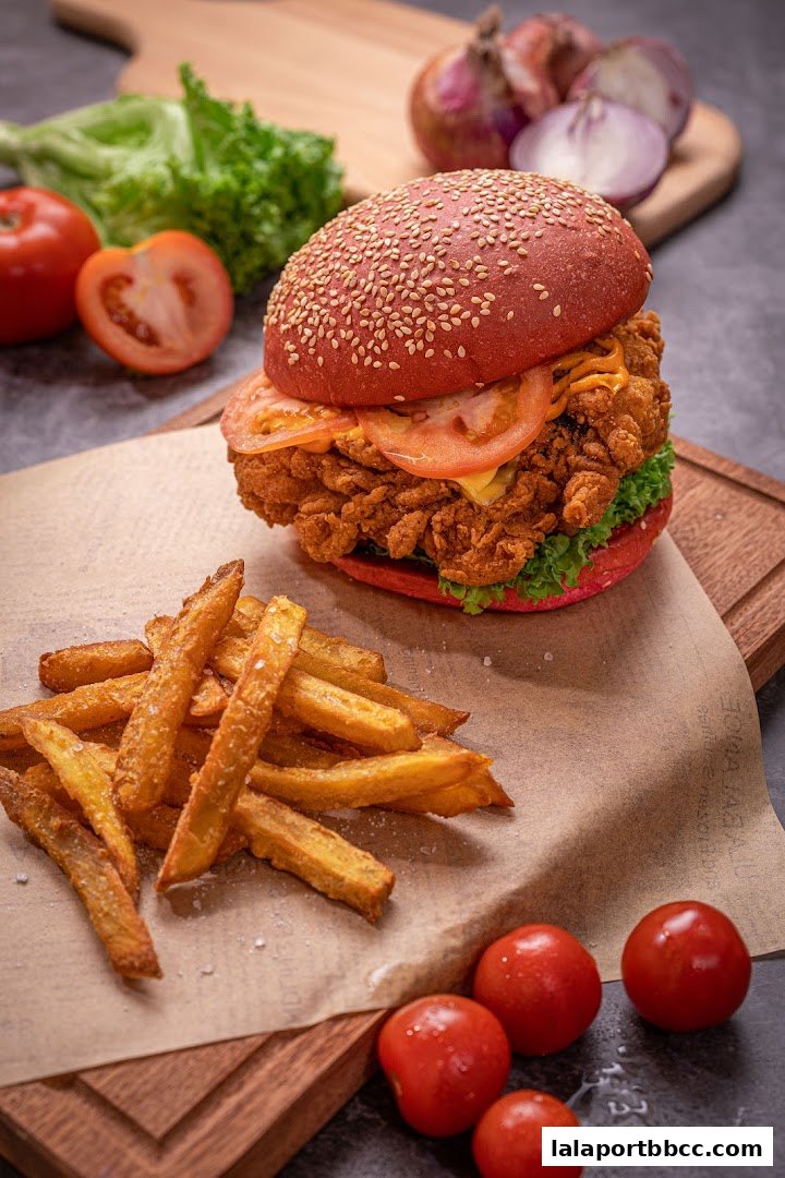 A close-up of a gourmet burger with a red bun and crispy chicken, served with fries.