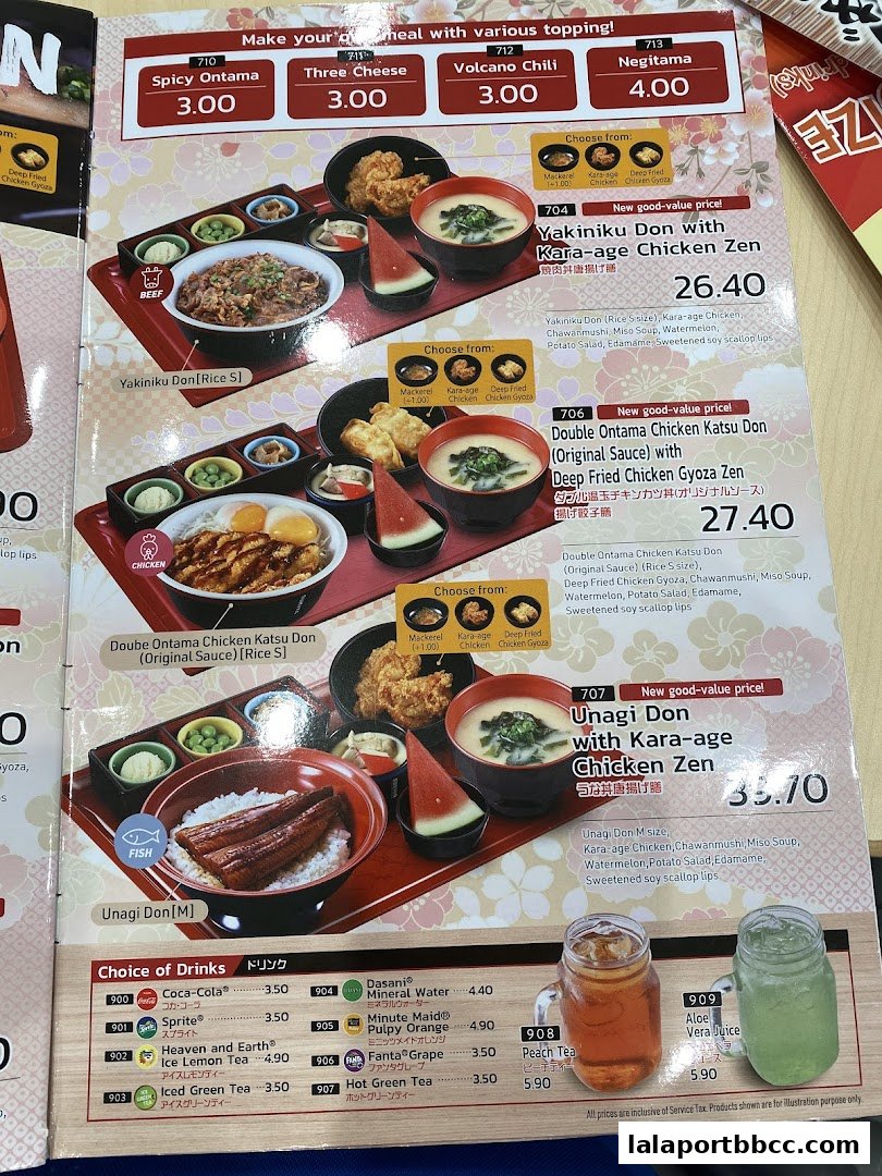 A menu from Sukiya Tokyo Bowls & Noodles featuring various donburi and drink options.