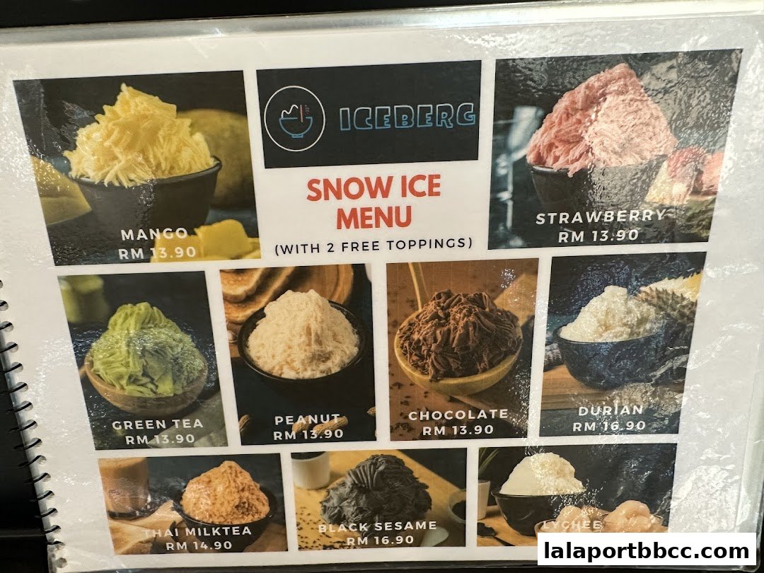 A menu showcasing various flavors of snow ice with prices and images.