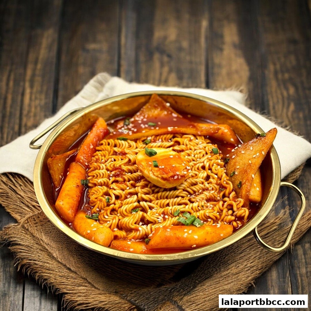 A close-up of a delicious Korean dish with noodles, tteokbokki, and a boiled egg.