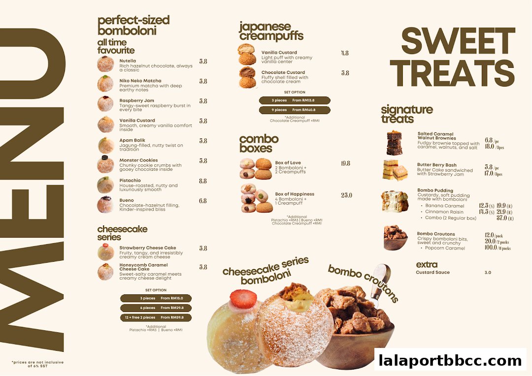 A menu showcasing various sweet treats including bomboloni, cream puffs, and brownies.