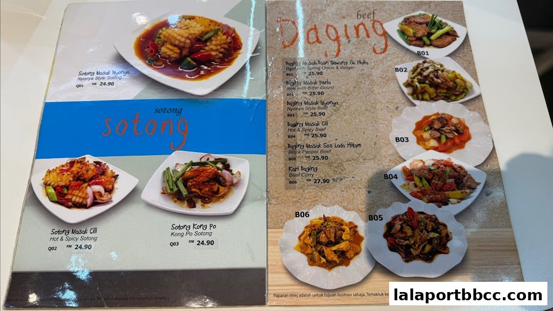 A menu featuring various squid and beef dishes with appetizing images and prices.