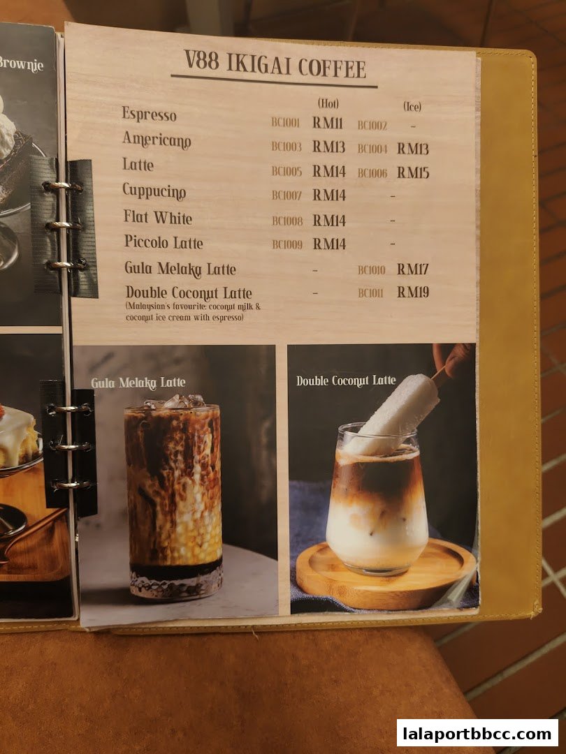 A menu page from V88 Ikigai Coffee featuring various coffee drinks and their prices.
