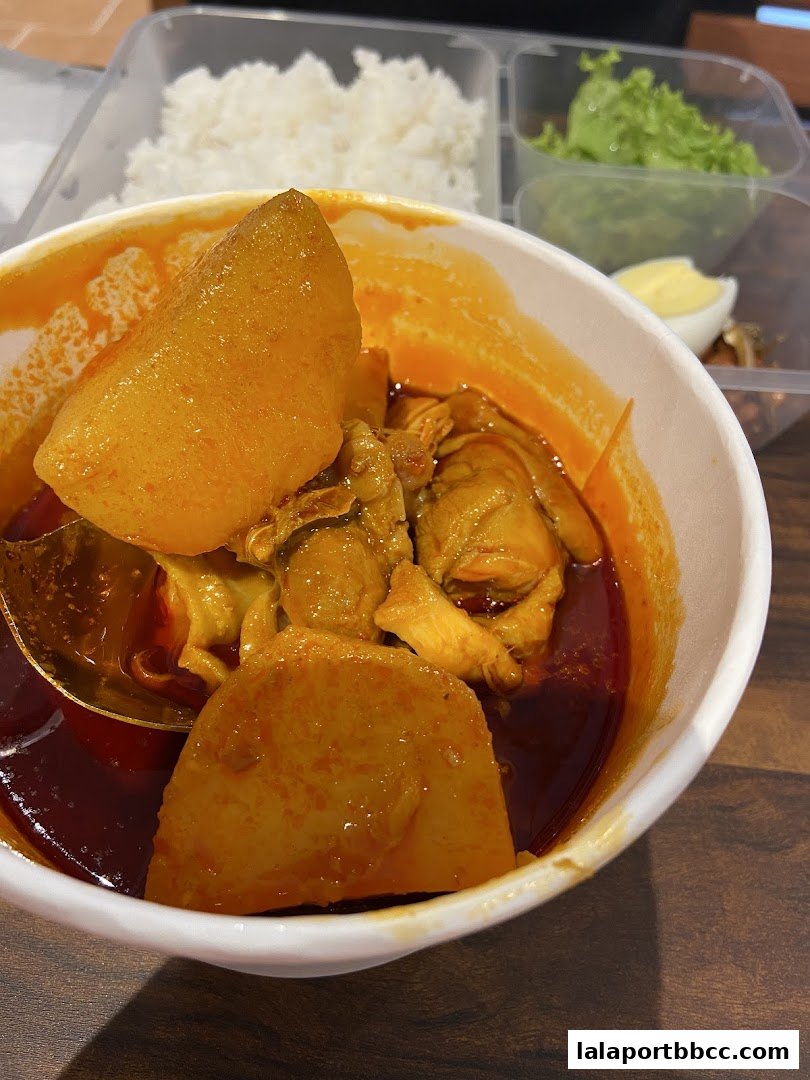 A close-up of a bowl of curry with chicken and potatoes, served with rice and salad.