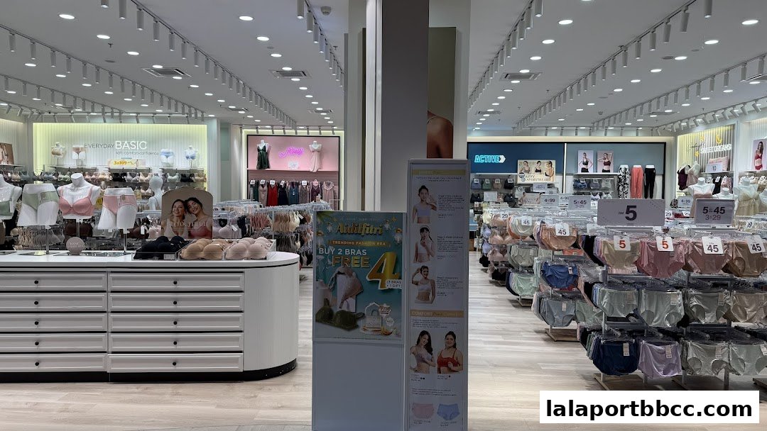 Interior view of a lingerie shop showcasing bras and underwear on display.