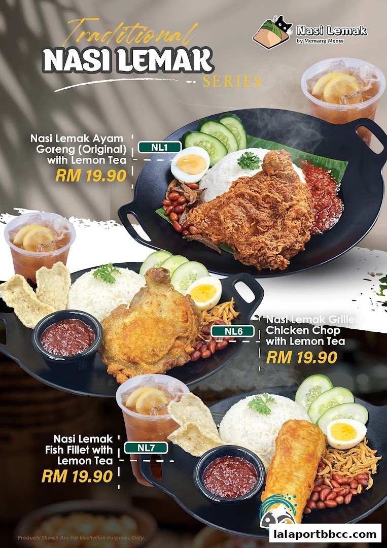 A menu showcasing three Nasi Lemak variations with fried chicken, grilled chicken, and fish fillet, each with lemon tea.