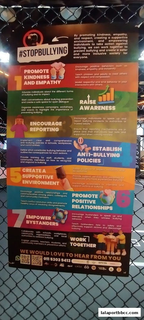 A poster detailing seven steps to stop bullying, with contact information at the bottom.