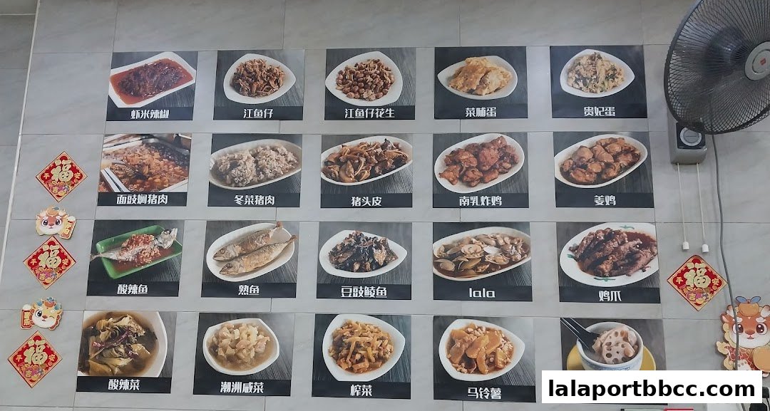 A wall display featuring various Teochew dishes with accompanying images and text.