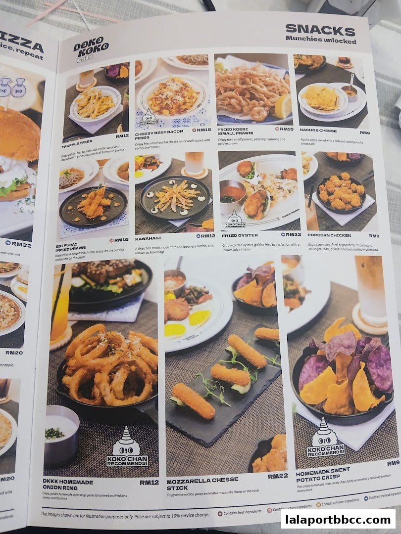 A menu page from Doko Koko Cafe featuring various snacks and their descriptions.
