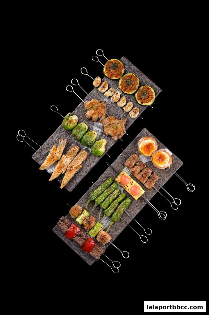 Assortment of grilled skewers featuring meat, vegetables, and eggs on dark platters.