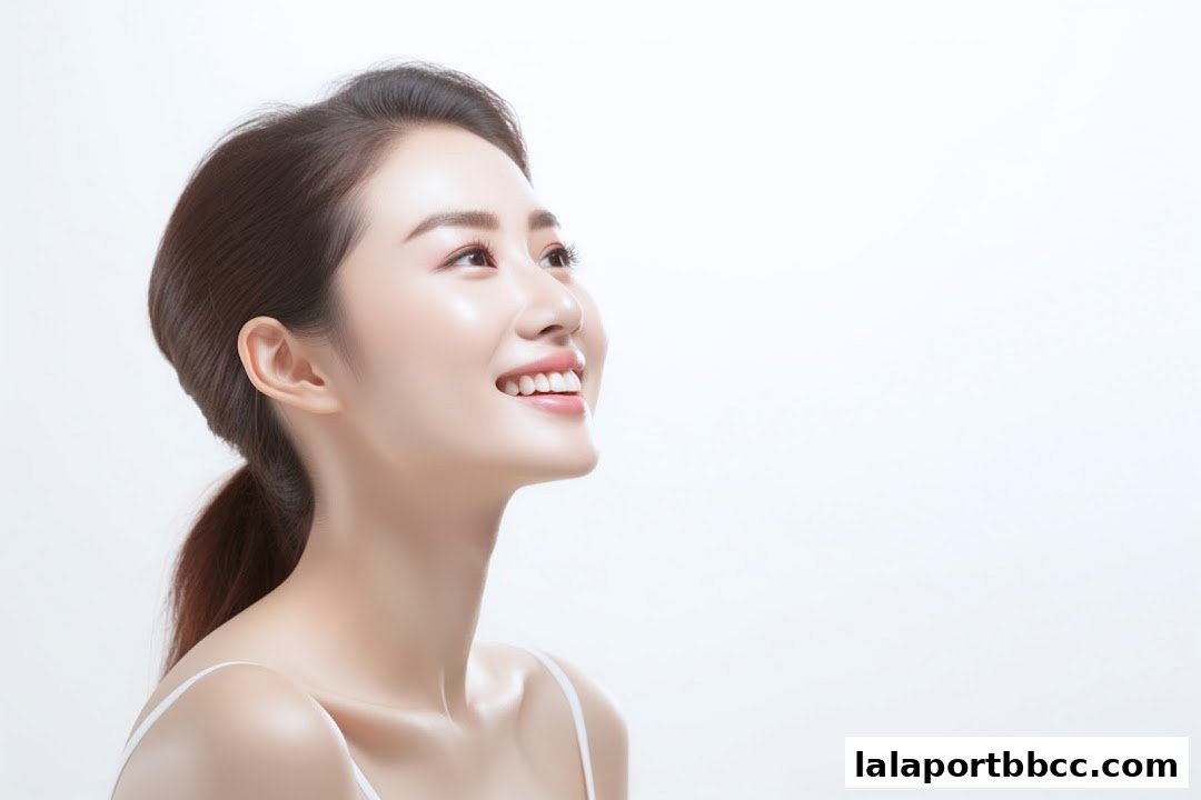 A close-up profile of a smiling Asian woman with clear, radiant skin and a ponytail.