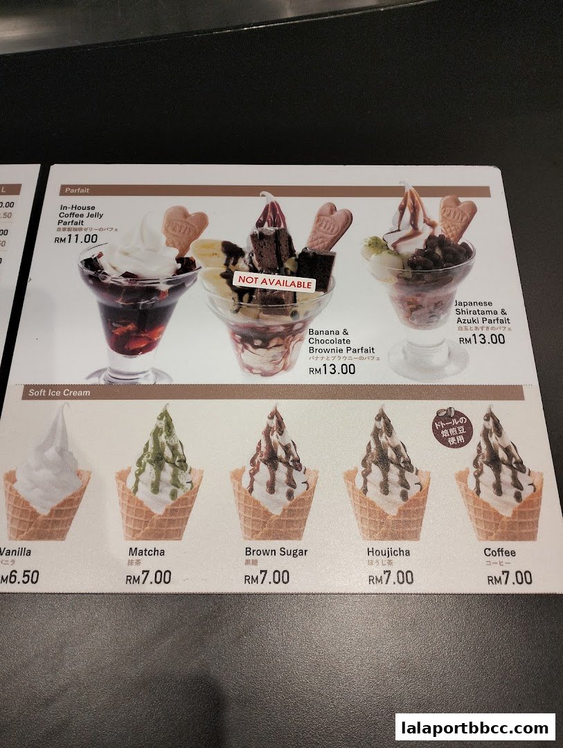 A menu featuring parfaits and soft-serve ice cream with various flavors and prices.