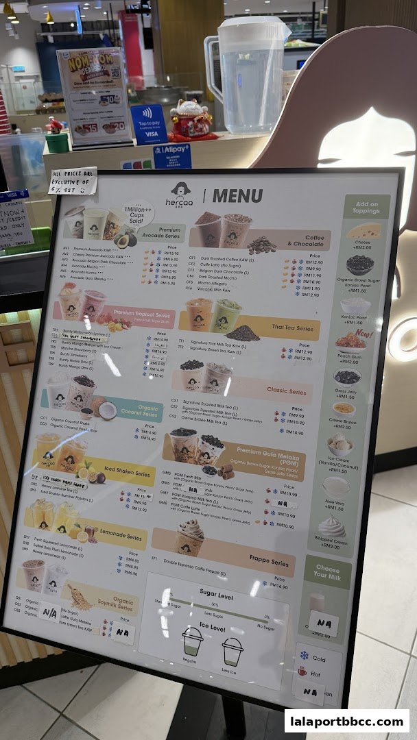 A menu board for Hercaa Lalaport, showcasing various drink series and toppings.