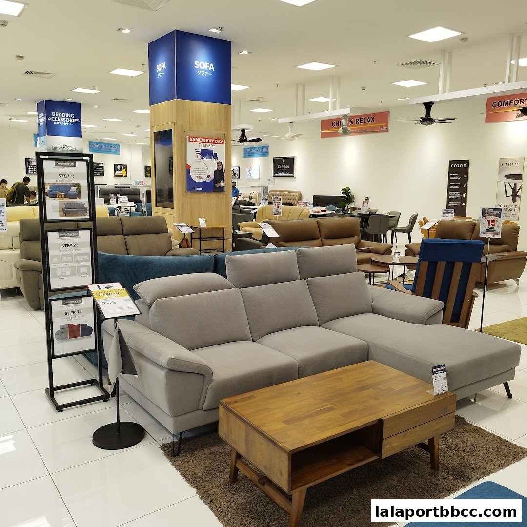 Interior view of a furniture store showcasing various sofas and living room sets.