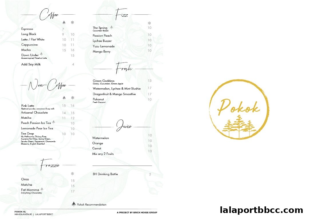 A menu for POKOK LaLaport featuring coffee, non-coffee drinks, fizz, fresh juices, and frozzies.