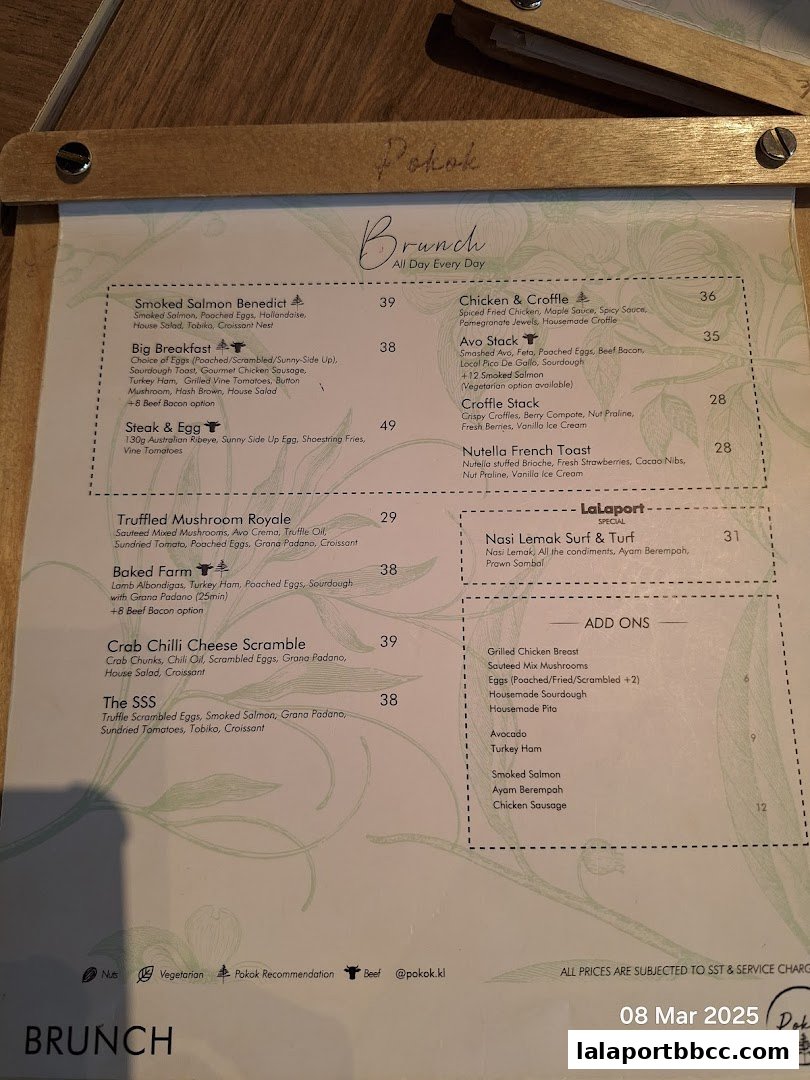 A menu for 'Pokok' restaurant featuring brunch items with descriptions and prices.