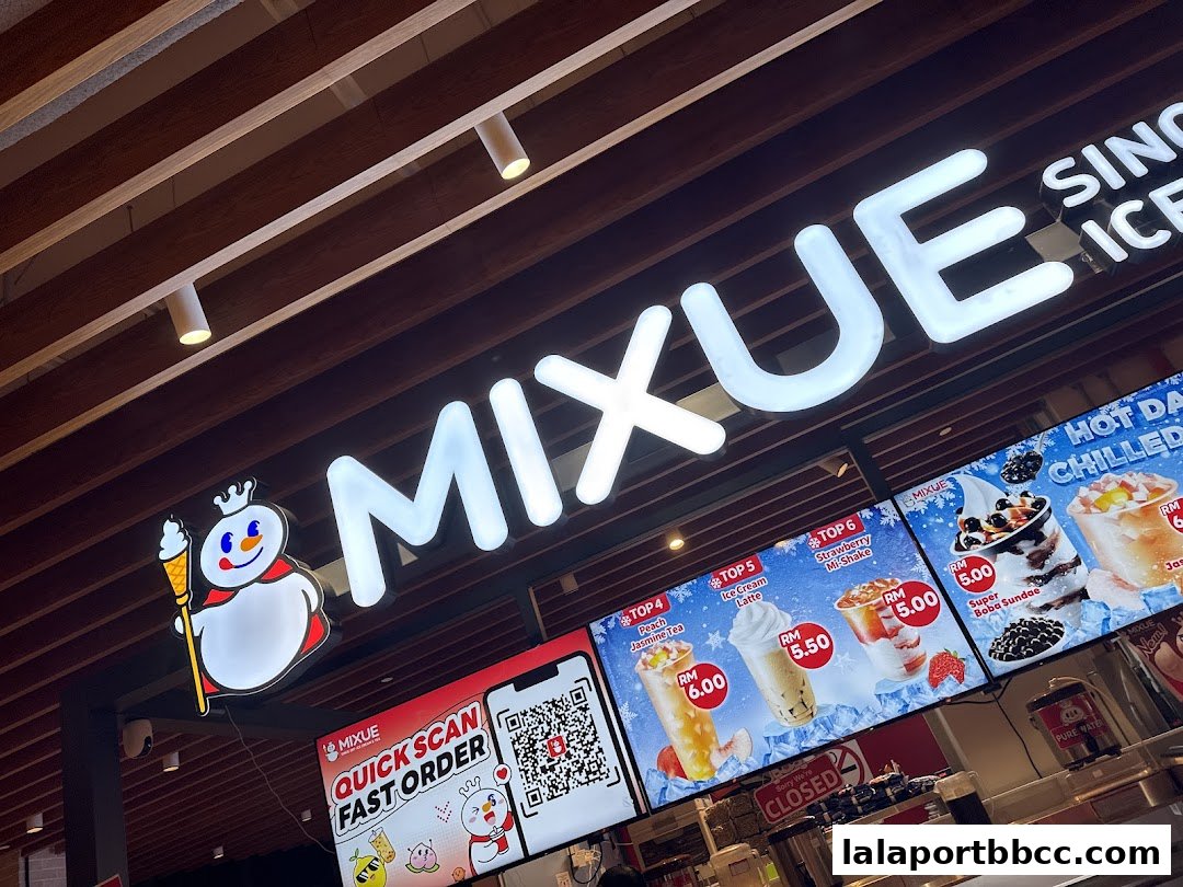 The MIXUE storefront displays its logo, menu items, and a quick scan QR code for ordering.