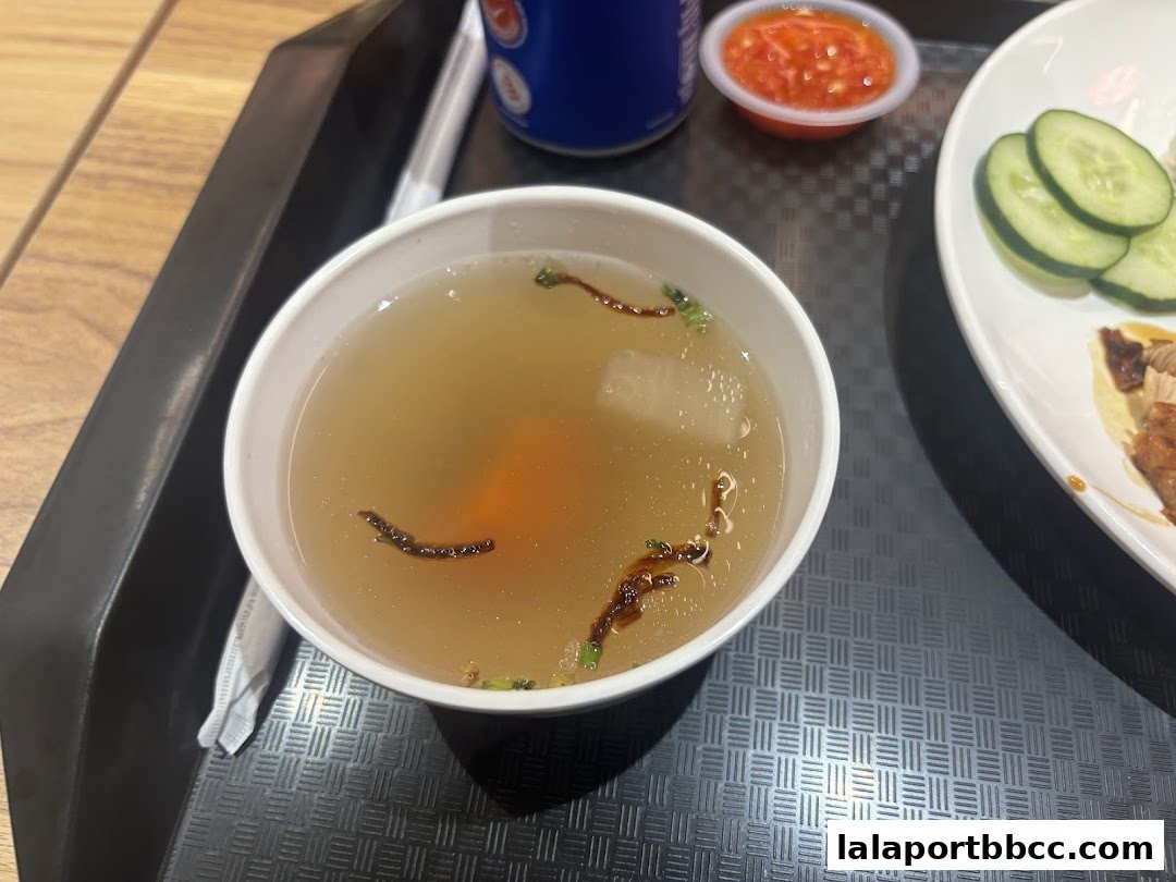 A bowl of clear soup with garnishes, served with a side of chili sauce and a plate of chicken rice.