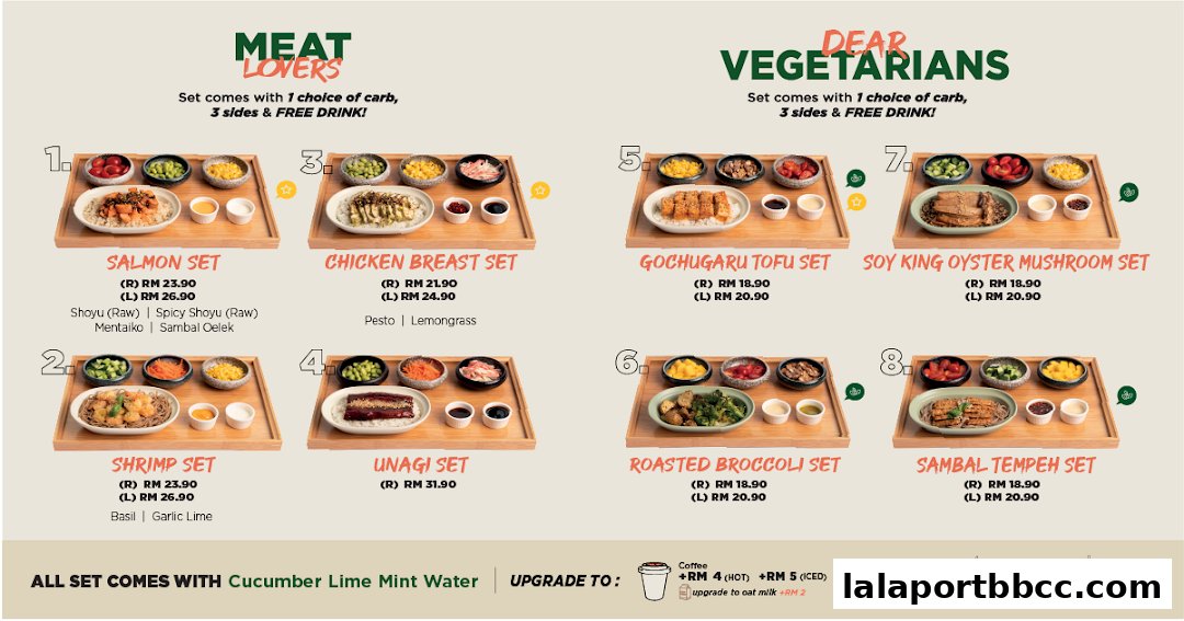A menu showcasing various set meals for meat lovers and vegetarians with prices and side options.