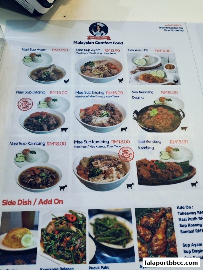 A menu from Confirm Sedap featuring Malaysian comfort food dishes with prices and images.