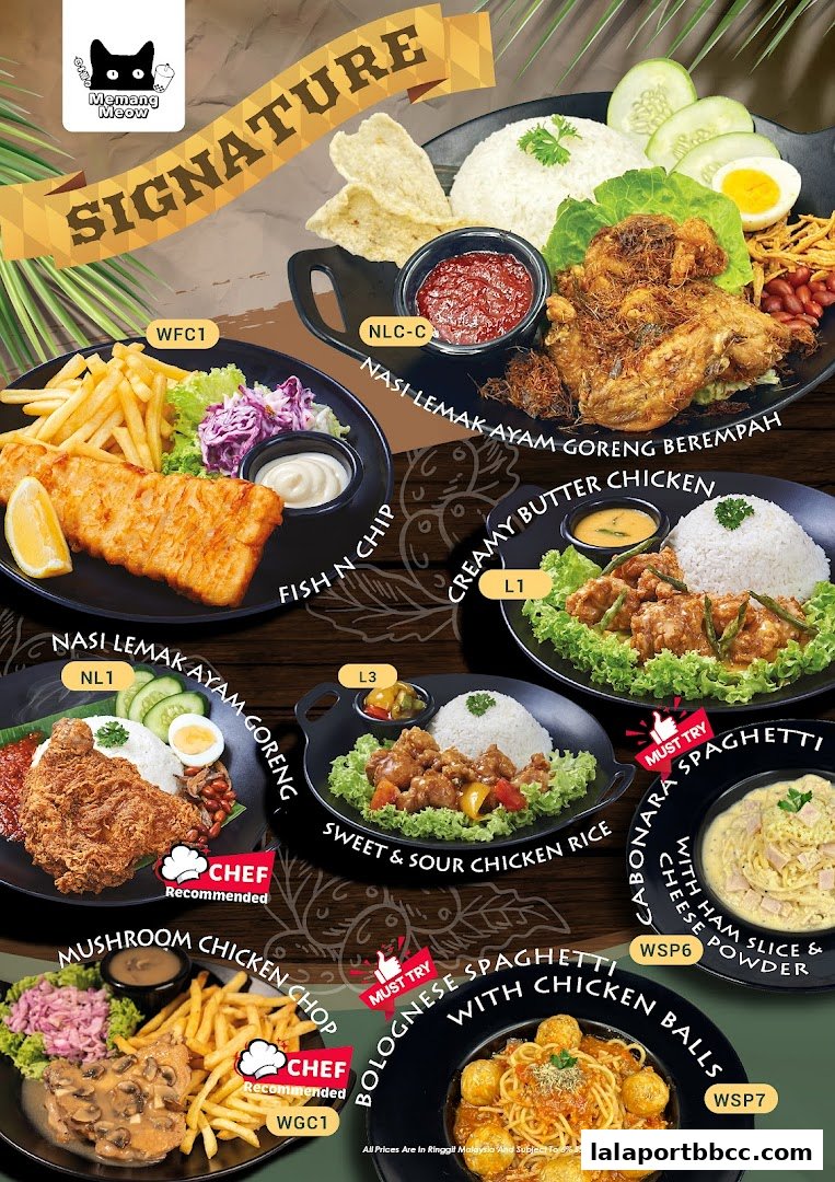 A vibrant menu showcasing signature dishes from Memang Meow.