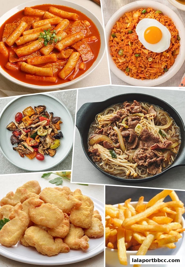 A collage of five delicious Korean dishes, including tteokbokki, kimchi fried rice, and japchae.
