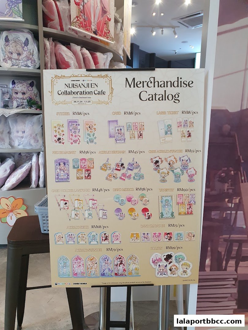 A merchandise catalog for the Nijisanji EN Collaboration Cafe featuring various anime-style character goods.