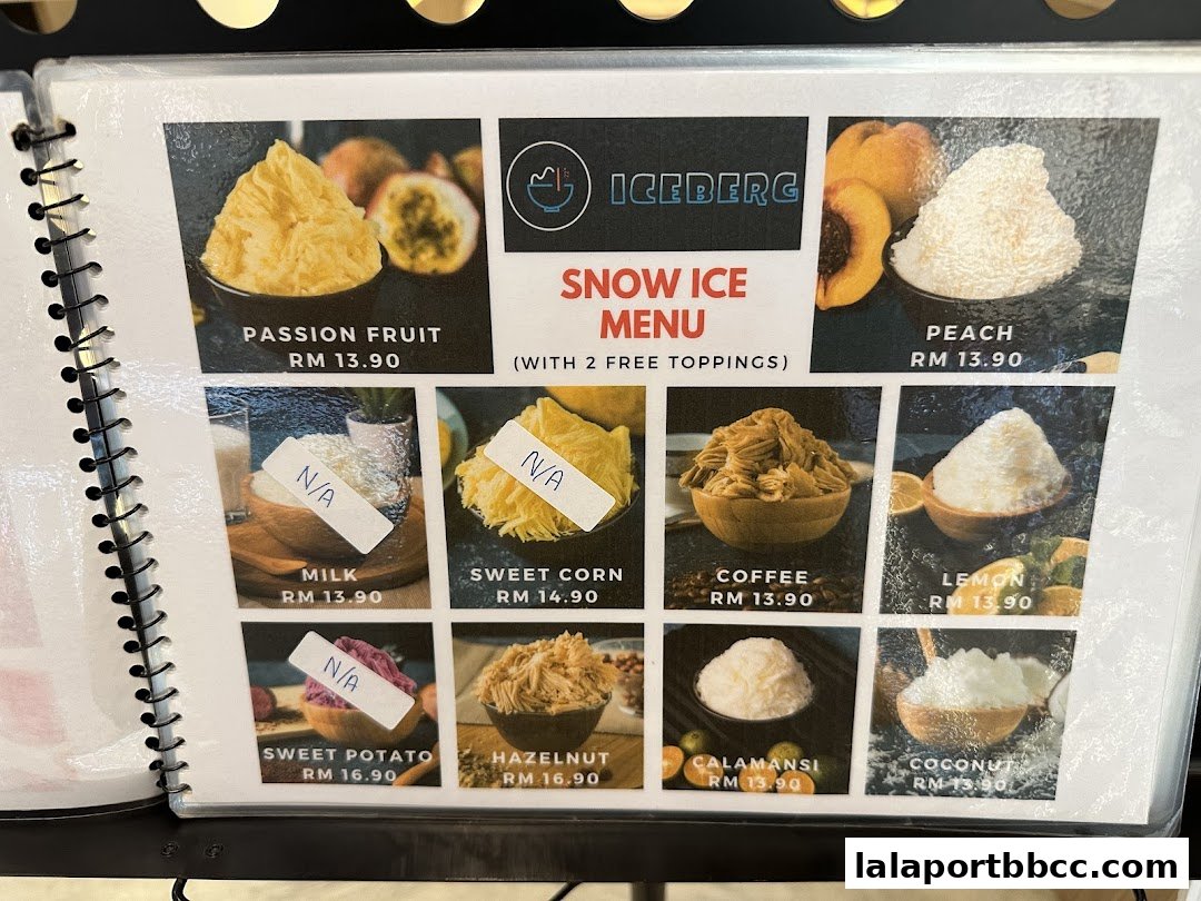 A menu from Iceberg LaLaport showcasing various snow ice flavors with prices.