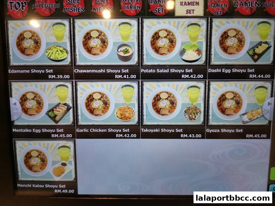 A digital menu displaying various ramen sets with prices and images.