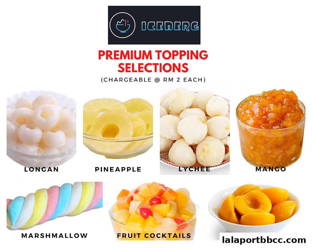 A collage of premium dessert toppings offered by Iceberg LaLaport.