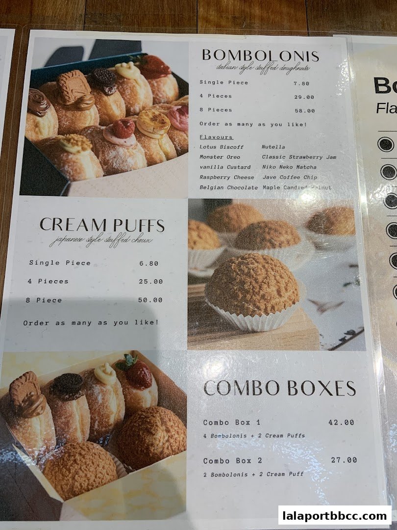A menu showcasing Italian-style stuffed doughnuts and Japanese-style cream puffs with various flavors and combo options.