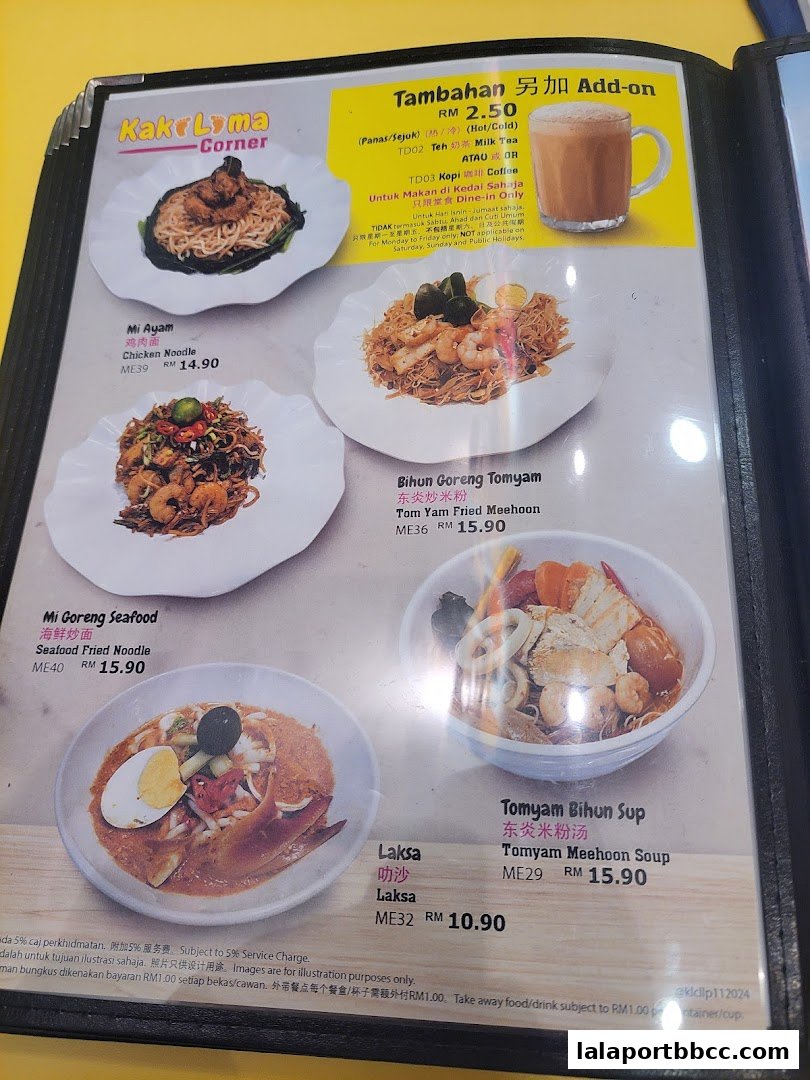 A menu from Kaki Lima Corner featuring various noodle dishes and an add-on drink.