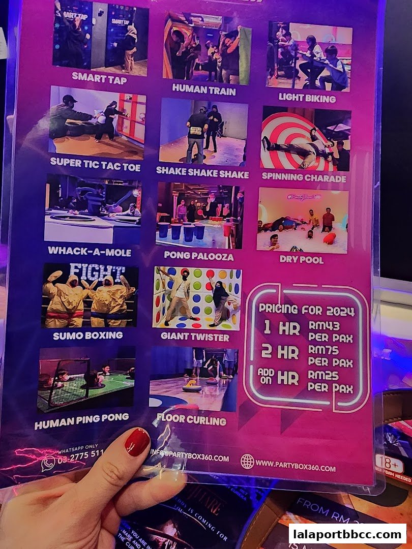 A menu showcasing various interactive games and activities offered at PartyBox 360, with pricing details.