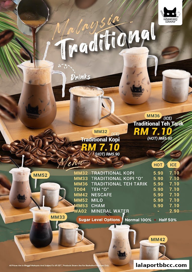 A menu showcasing traditional Malaysian drinks like Kopi and Teh Tarik with prices.