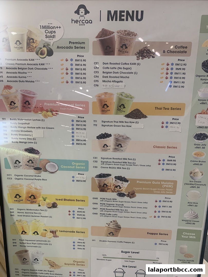 A menu board displaying various drinks from Hercaa, categorized by series like Avocado, Coconut, and Thai Tea.