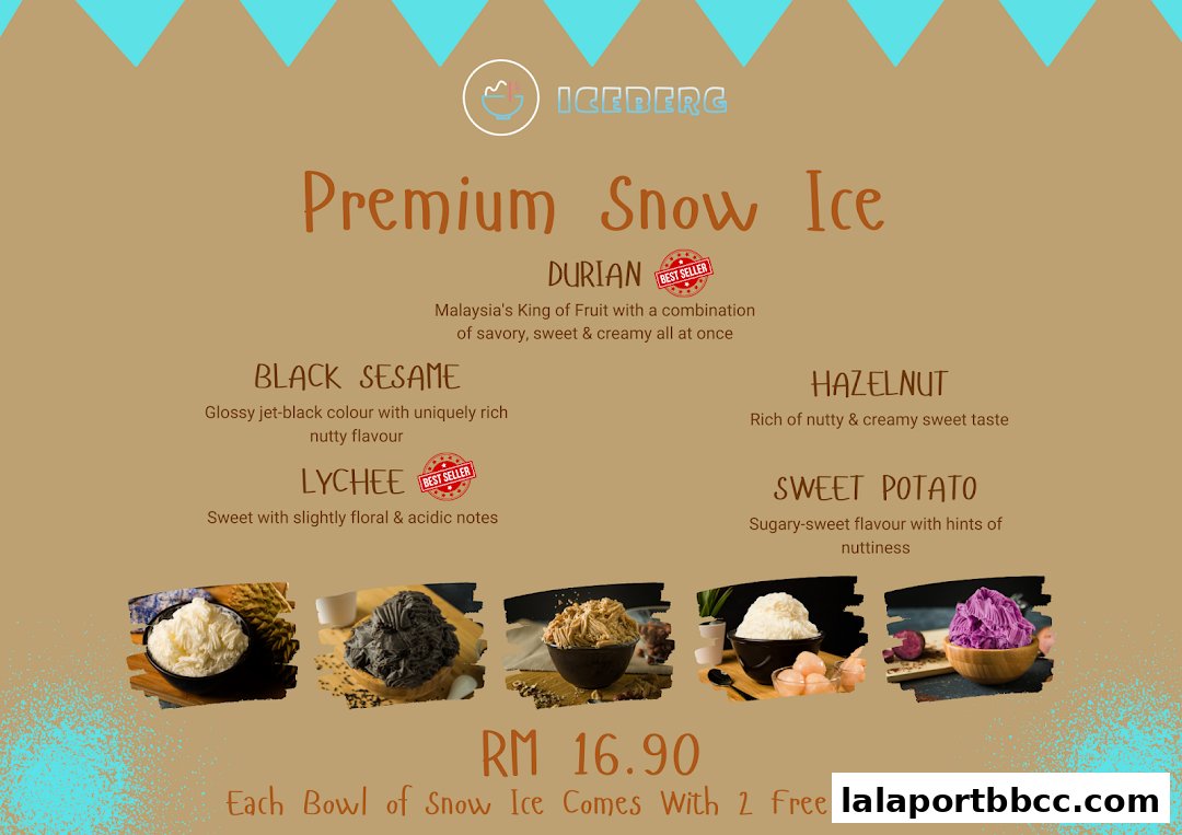 A menu showcasing premium snow ice flavors from Iceberg LaLaport with enticing descriptions and images.