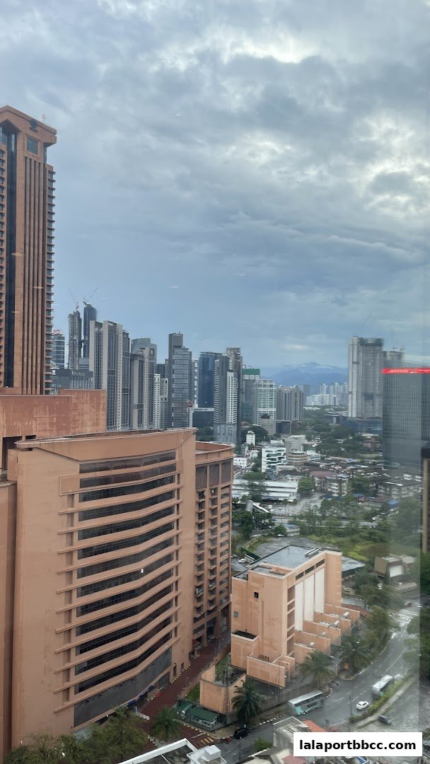A panoramic view of a city skyline with tall buildings under a cloudy sky.