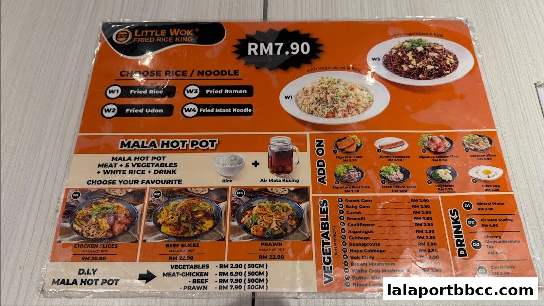 A menu for Little Wok Fried Rice King, showcasing various dishes and prices.