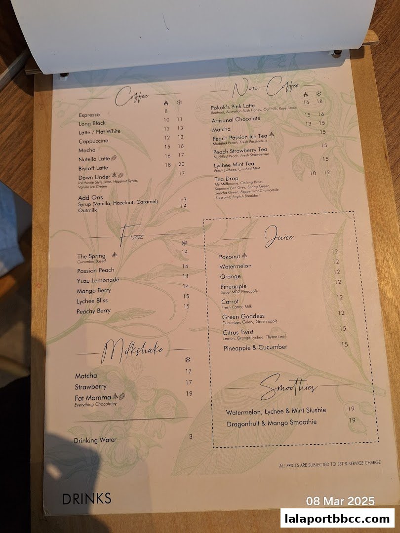 A menu from POKOK LaLaport featuring coffee, non-coffee drinks, milkshakes, juices, and smoothies.