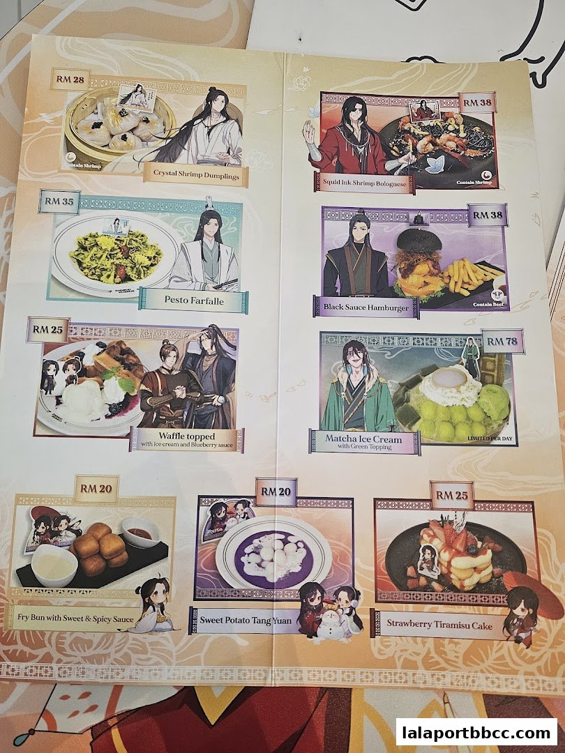 A menu featuring various dishes with anime-style illustrations and prices.