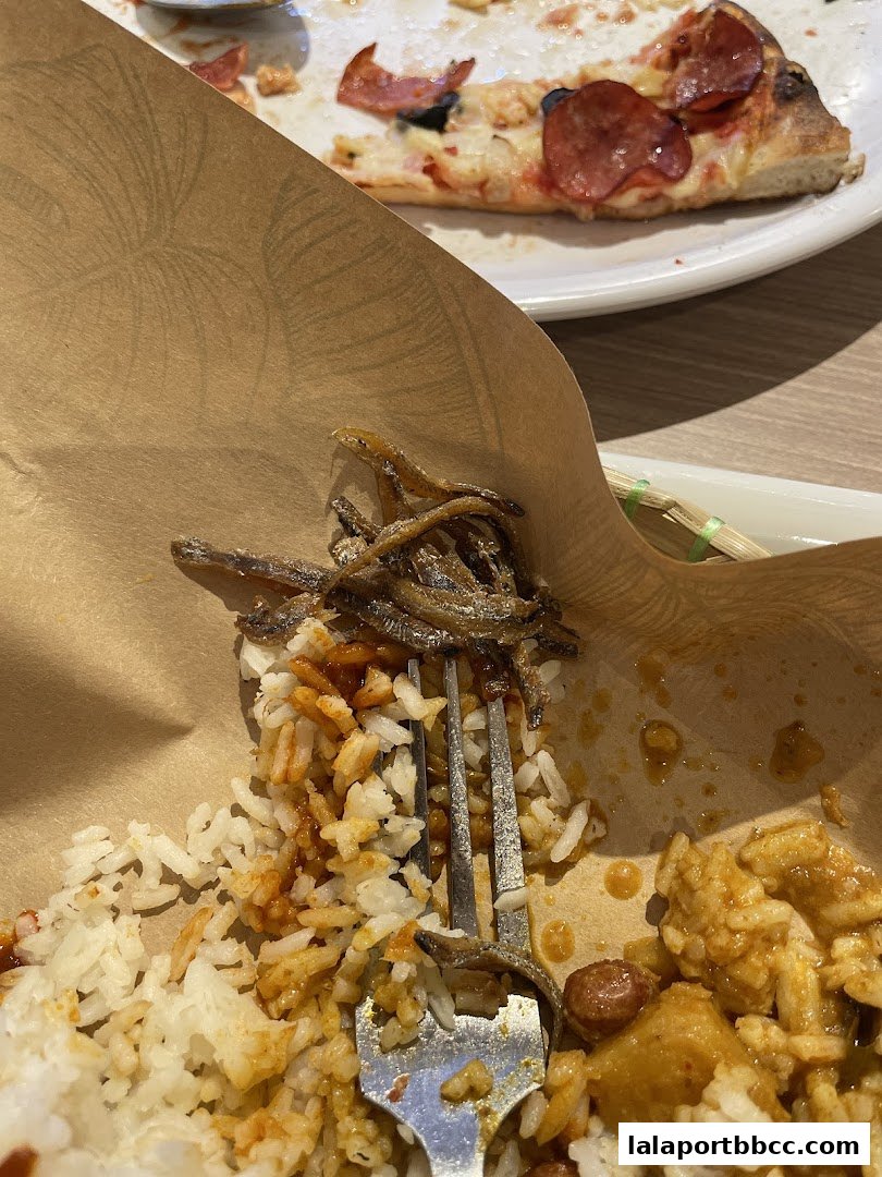 A close-up of a Nasi Lemak dish with rice, sambal, and anchovies, with a slice of pizza in the background.