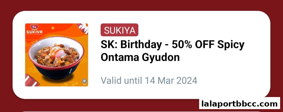 A promotional image for Sukiya featuring a Spicy Ontama Gyudon with a 50% off birthday discount.