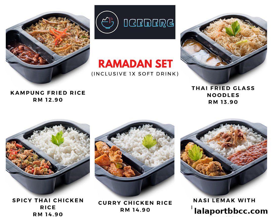 A collage of six different meal sets from Iceberg LaLaport, featuring various rice and noodle dishes.