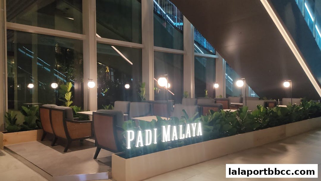 The illuminated 'PADI MALAYA' sign is displayed in front of a modern cafe with comfortable seating.